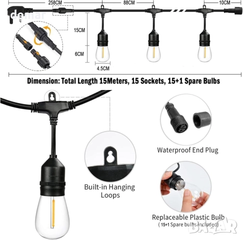 Yuhoolamp Външни 15-метрови водоустойчиви гирлянди с 15+1 нечупливи крушки S14, снимка 2 - Лед осветление - 51755723