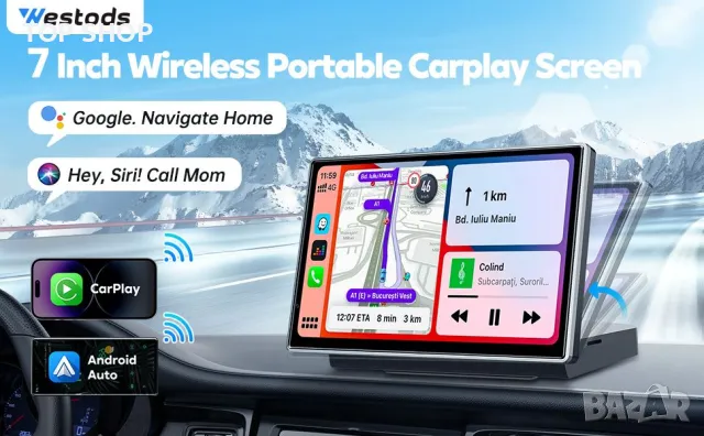 Мултимедия Westods Wireless Apple Carplay & Android Auto, преносим 7" HD IPS екран за кола, GPS нави, снимка 10 - Аксесоари и консумативи - 48875392