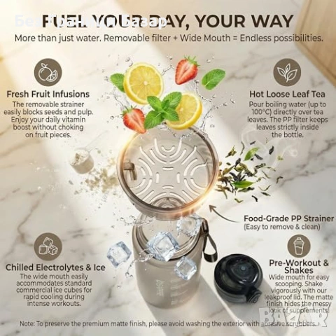 Нова спортна 1L Tritan бутилка за вода с цедка непротичаща матово сива, снимка 6 - Други - 53839713