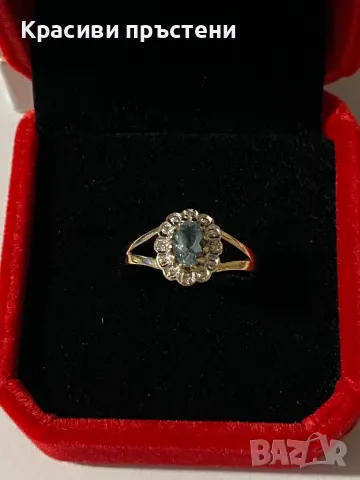 Изтънчен златен пръстен с gemstone и 4 диаманта – 9 карата, 1.88 г, размер 58, снимка 2 - Пръстени - 50181498