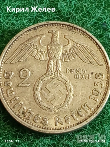 Сребърна монета 2 райхсмарки 1938г. Германия Трети Райх с Свастика за КОЛЕКЦИОНЕРИ 39293