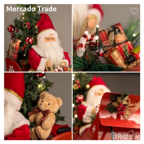 Коледна реалистична фигурка Дядо Коледа с шейна, музика и LED, 49см, снимка 3 - Декорация за дома - 52324543