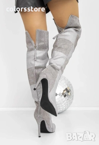 Ботуши на ток - сребристи с камъчета - 3JF12

, снимка 2 - Дамски ботуши - 36268340