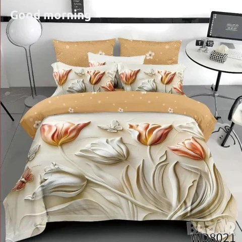 Флорален комплект с ластик, 100% памук 1 бр. х плик за завивка 200 x 230 cm 1 бр. х долен чаршаф , снимка 5 - Спално бельо - 54090345