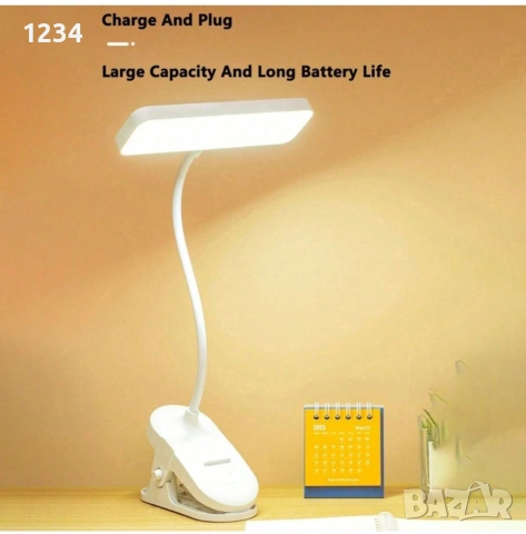 LED настолна лампа, с щипка, 3 режима на осветление, безжична, бяла, снимка 4 - Лед осветление - 54196662