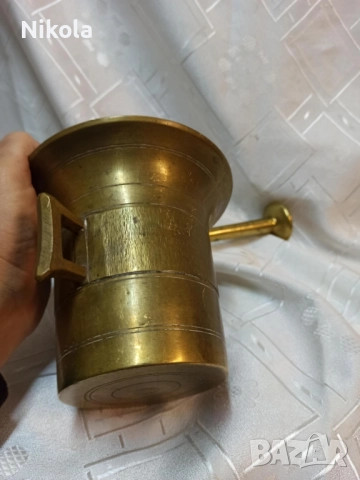 Масивен бронзов хаван с голям двоен пестик(чукан) общо тегло 2 кг, снимка 3 - Антикварни и старинни предмети - 52015959