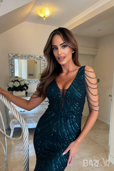 Дълга рокля с паети в зелено , снимка 1