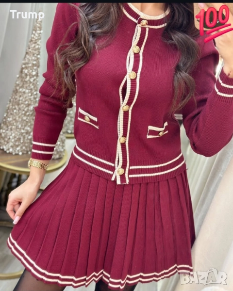 Хит!  Комплект градски шик от пола и скъсена жилетка, фино претиво, бордо, снимка 1