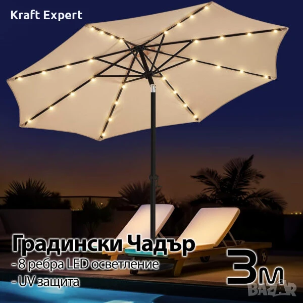 Висококачествен 3M Чадър с LED Светлини и UV Защита – Стилен Комфорт на Открито!, снимка 1