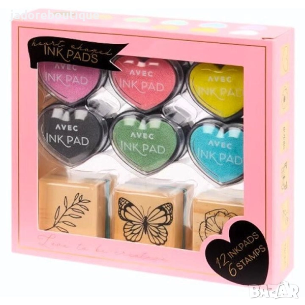 Комплект 6 броя дървени печати и 12 броя цветни тампони, снимка 1