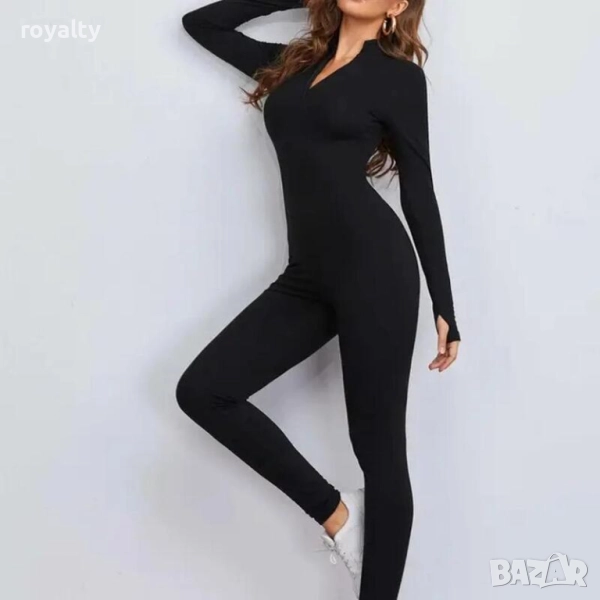 Дамски черен оформящ гащеризон с цип, снимка 1