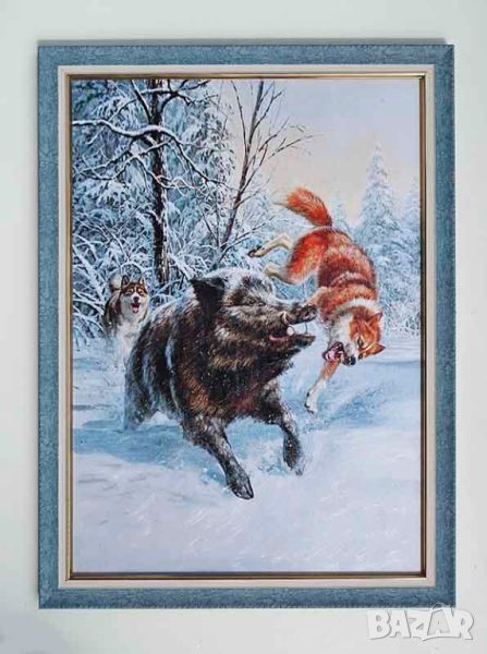 Глиган, диво прасе срещу кучета, зимен пейзаж, картина за ловци, снимка 1