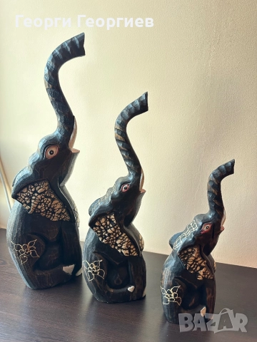 Страхотно трио дървени слонове, снимка 4 - Статуетки - 52404736