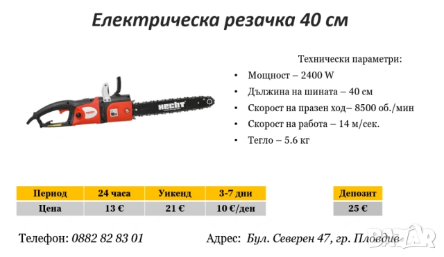 Електрическа резачка 40 см под наем