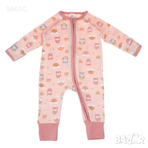 Бебешко памучно боди ромпър розово със сови и дъга S_1245187
