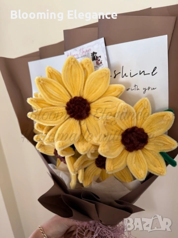 Вечен букет от слънчогледи от плюшена тел, снимка 2 - Декорация за дома - 54174317