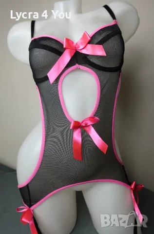 XS/S еротично черно тюлено боди с розови елементи и панделки, снимка 5 - Бельо - 50105409