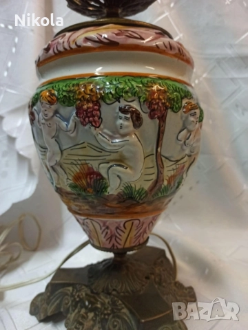 Антикварна висока настолна лампа Capodimonte -бронзова основа с орнаменти и порцелан, снимка 6 - Антикварни и старинни предмети - 52011738