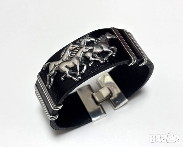 НОВА! Мъжка Гривна-сребро(проба 925) и Естествена кожа, снимка 4 - Гривни - 52319553