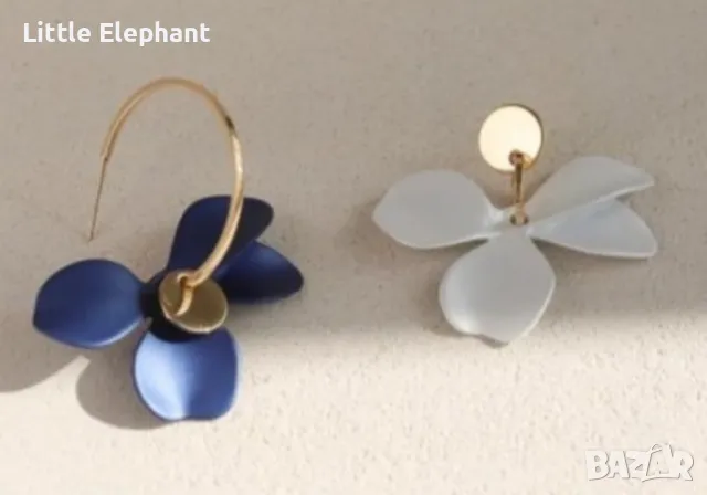 Сребърни висящи обеци,масивен модел матирани цветя,blue and white,Gold/нови
