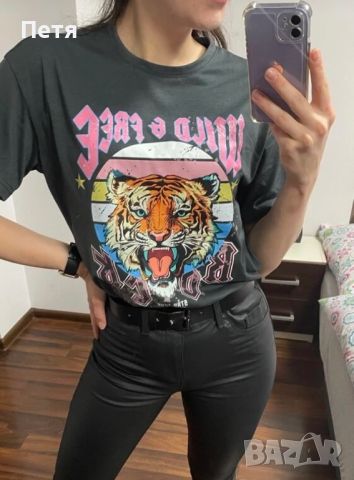 Дамска тениска с принт тигър в сиво. Нова, снимка 1 - Тениски - 46387220