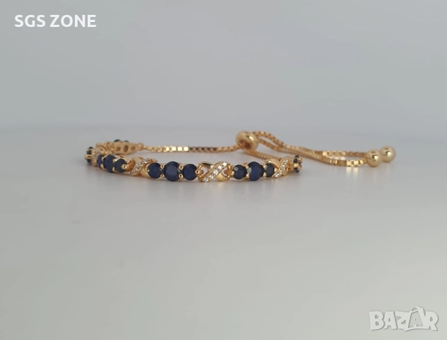 сребърна гривна с естествени сапфири, позлатена, снимка 2 - Гривни - 52278097