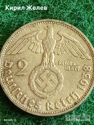 Сребърна монета 2 райхсмарки 1938г. Германия Трети Райх с Свастика за КОЛЕКЦИОНЕРИ 49943