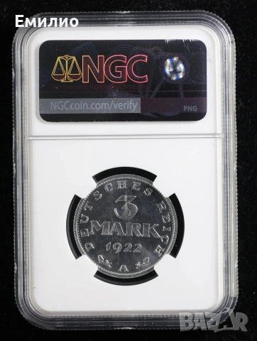 SCARCE. GERMANY 3 MARK 1922A NGC MS65, снимка 3 - Нумизматика и бонистика - 53982515
