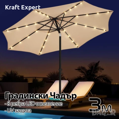 Висококачествен 3M Чадър с LED Светлини и UV Защита – Стилен Комфорт на Открито!, снимка 1
