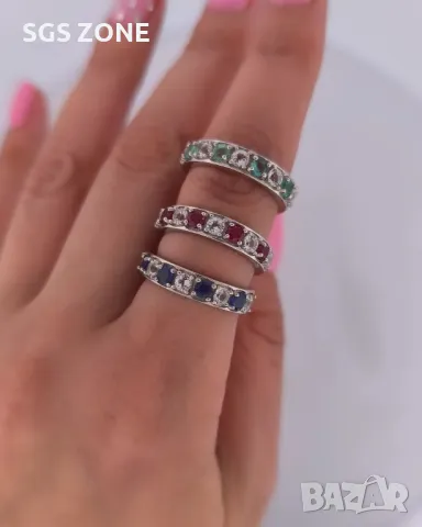Сребърен Пръстен с Рубин, Сапфир, Изумруд с Прозрачен Топаз 