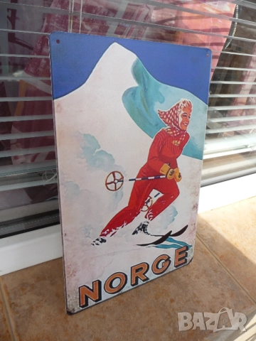 Метална табела разни Норвегия скиорка спускане ски писта наклон ретро ръкавици щеки забрадка усмивка, снимка 2 - Декорация за дома - 52725374
