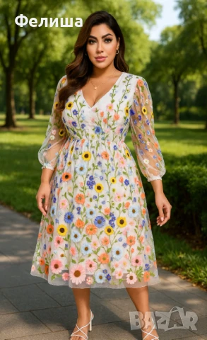 Бутикова Елегантна Ванилово Бяла Дантелена Бродирана Рокля с 3Д Пастелни Цветя и Шик Буфан Ръкав , снимка 3 - Рокли - 50812292