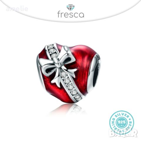 Талисман Коледни Fresca по модел тип Пандора сребро проба 925 Pandora Christmas Heart Present, снимка 1 - Гривни - 38685157