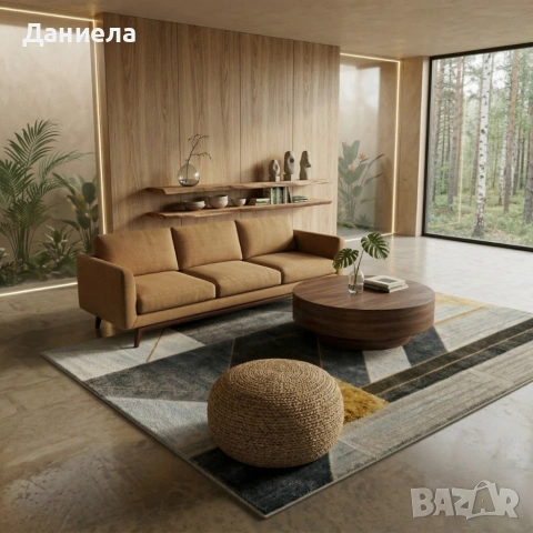 Модерен килим за хол 120х160см - Геометрично сиво със жълт квадрат и 3D ефект, Противоплъзгащ, снимка 6 - Килими - 53882078