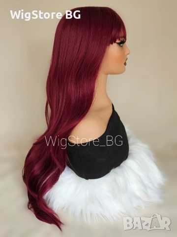 Червена бордо перука с бретон на леки къдрици, снимка 4 - Аксесоари за коса - 52364360