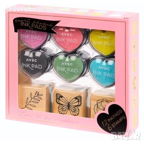 Комплект 6 броя дървени печати и 12 броя цветни тампони