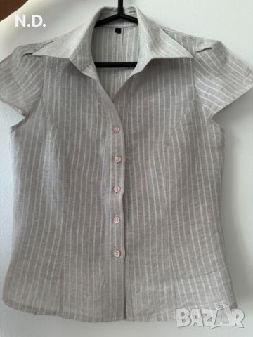 Дамска лятна блуза с къс ръкав и яка, бежева ленена-Gevanel, размер S, снимка 1 - Ризи - 45163102