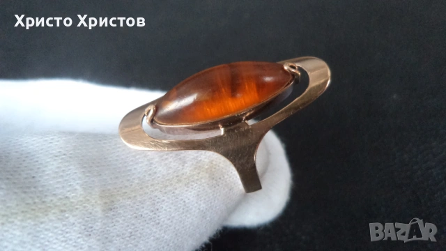 Златен руски СССР пръстен с натурален кехлибар, снимка 3 - Пръстени - 54127852