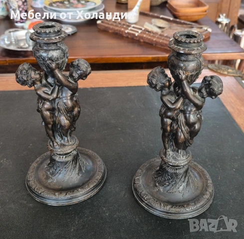 двойка антикварни бронзови свещници, снимка 2 - Антикварни и старинни предмети - 53561921