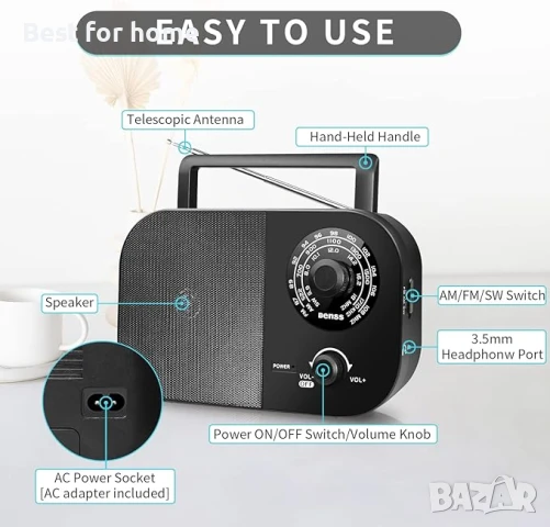 Benss Преносимо радио, AM FM радио с  голям високоговорител, снимка 2 - Радиокасетофони, транзистори - 50849803