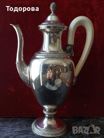 Сребърна кана за вода,чай,кафе,вино,ракия,среро 800,вместимост 1 литър,дръжка слонова кост.