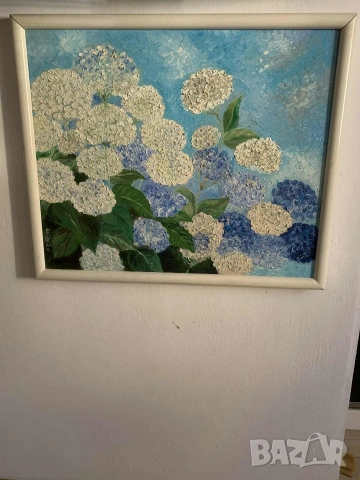 Картина с хортензии* Акрил* Сигнирана* Готова за окачване, снимка 6 - Картини - 53219194