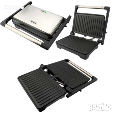 Тостер-сандвич, 1000W, Грил, Незалепващи плочи-23х14.5см., Отваряне на 180°, Инокс, снимка 2 - Други - 52820144