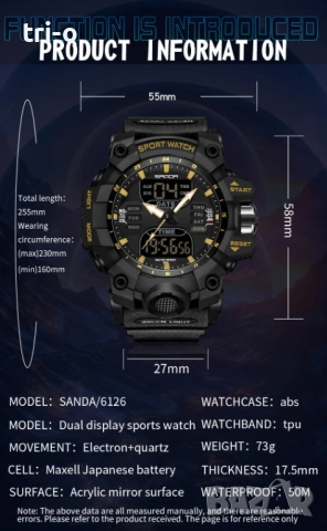 SANDA Луксозен мъжки електронен часовник, спортен, LED, аналогов, дигитален, хронограф, военен, двое, снимка 5 - Мъжки - 52020087