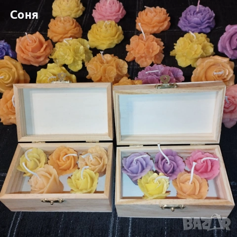 Дървена кутия с  пет ароматни мини рози - свещ, снимка 2 - Подаръци за жени - 53168163