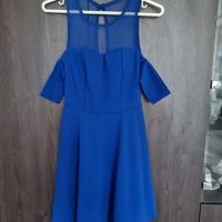 Официална синя рокля с паднали ръкави и прозрачно деколте, снимка 1 - Рокли - 45401102
