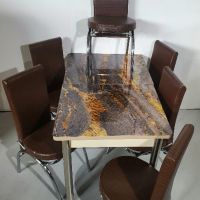 Трапезни разтегателни маси със закалено принт стъкло и 6  стола от еко кожа , снимка 10 - Маси - 44274315
