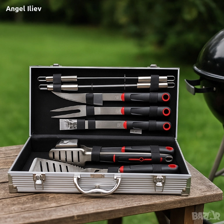 Луксозен комплект от 11 инструмента за барбекю в алуминиев куфар, снимка 1