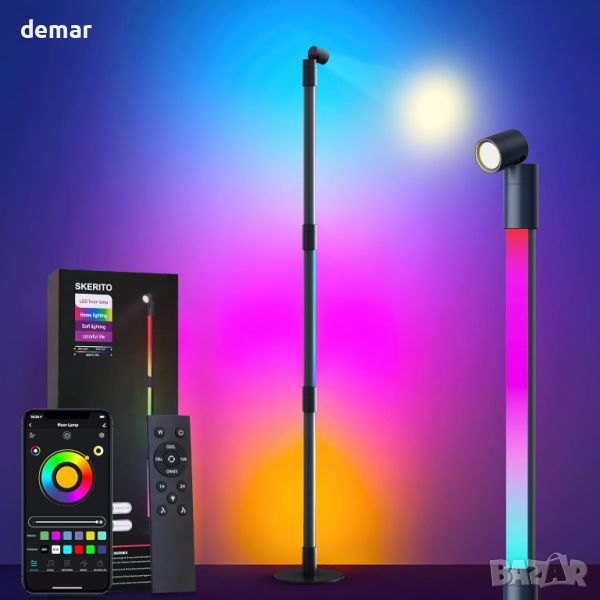SKERITO LED ъглова подова лампа, RGB 16 милиона цвята, с приложение и дистанционно, снимка 1