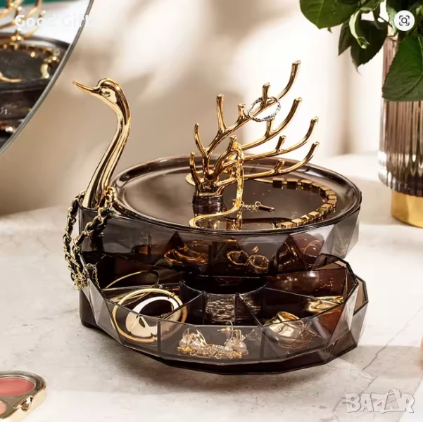 Луксозна въртяща се кутия за бижута Лебед и стойка за пръстени, снимка 1